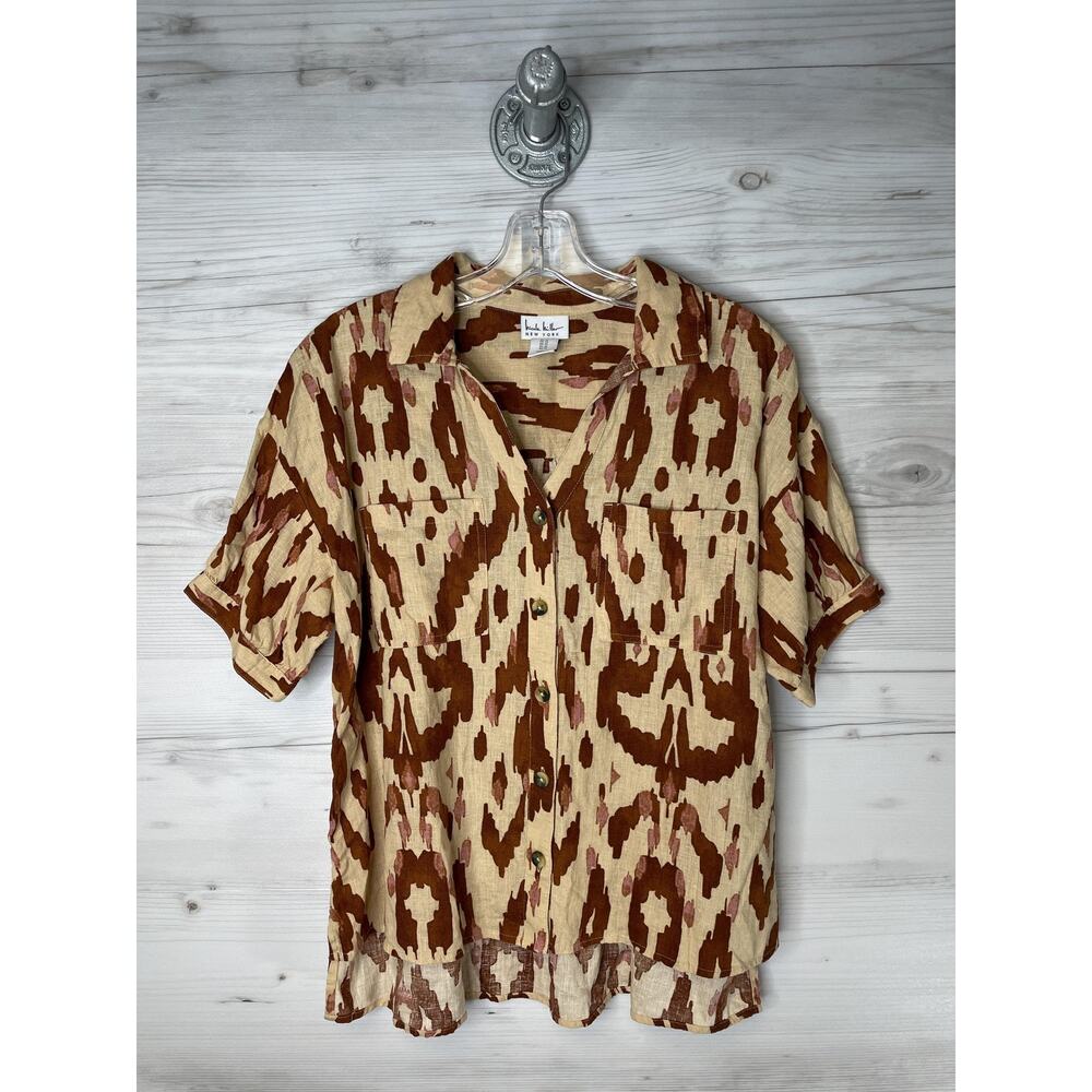 Nicole Miller New York Shirt Womens Medium Brown Linen Blend Ikat Print Boxy